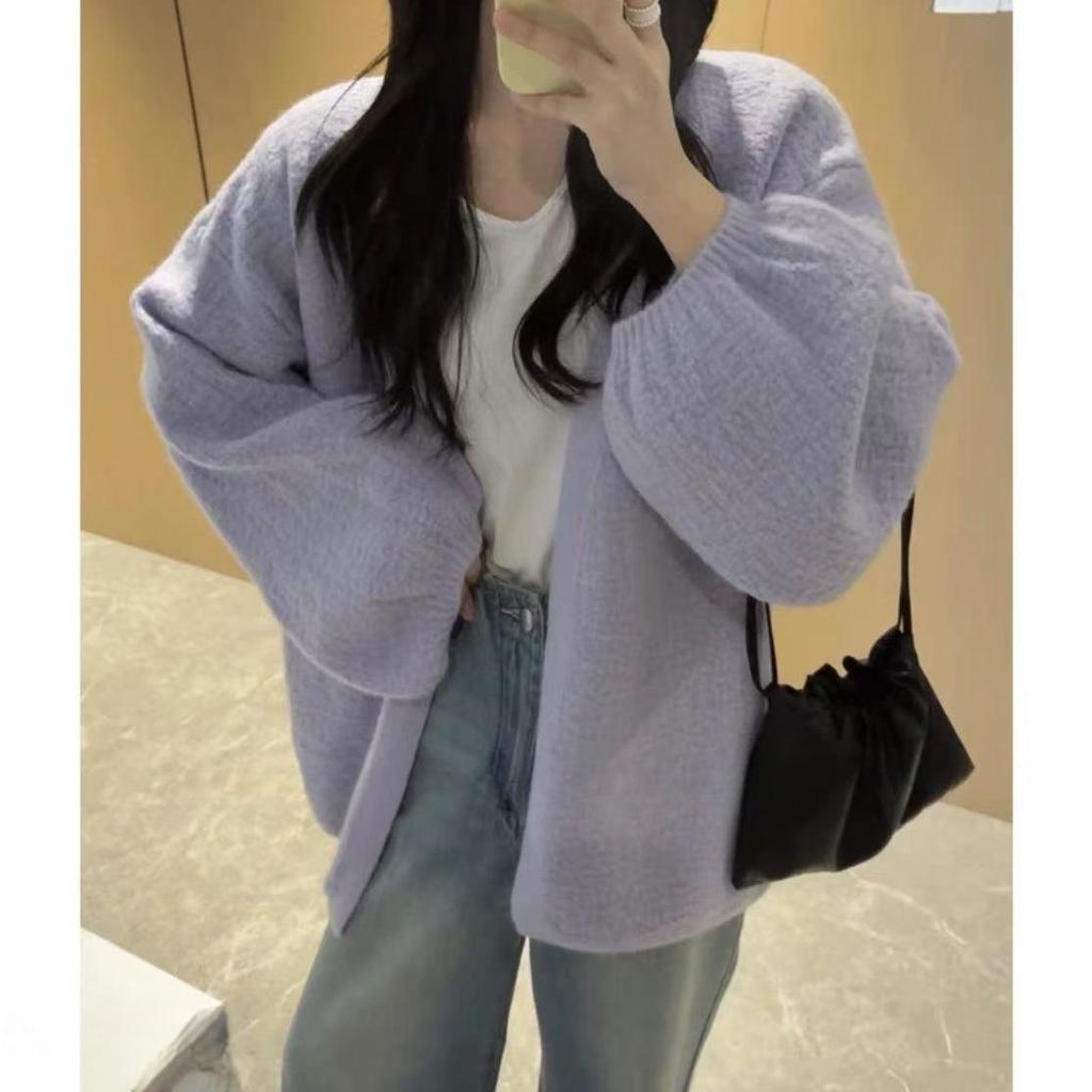 New 2025 Bark Texture Puff Sleeve Knit Cardigan - Spring/Autumn Loose Fit