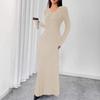 Independent Style European & American Solid Color Ribbed V-Neck Single-Breasted Long Dress for Women - Autumn/Winter Collection