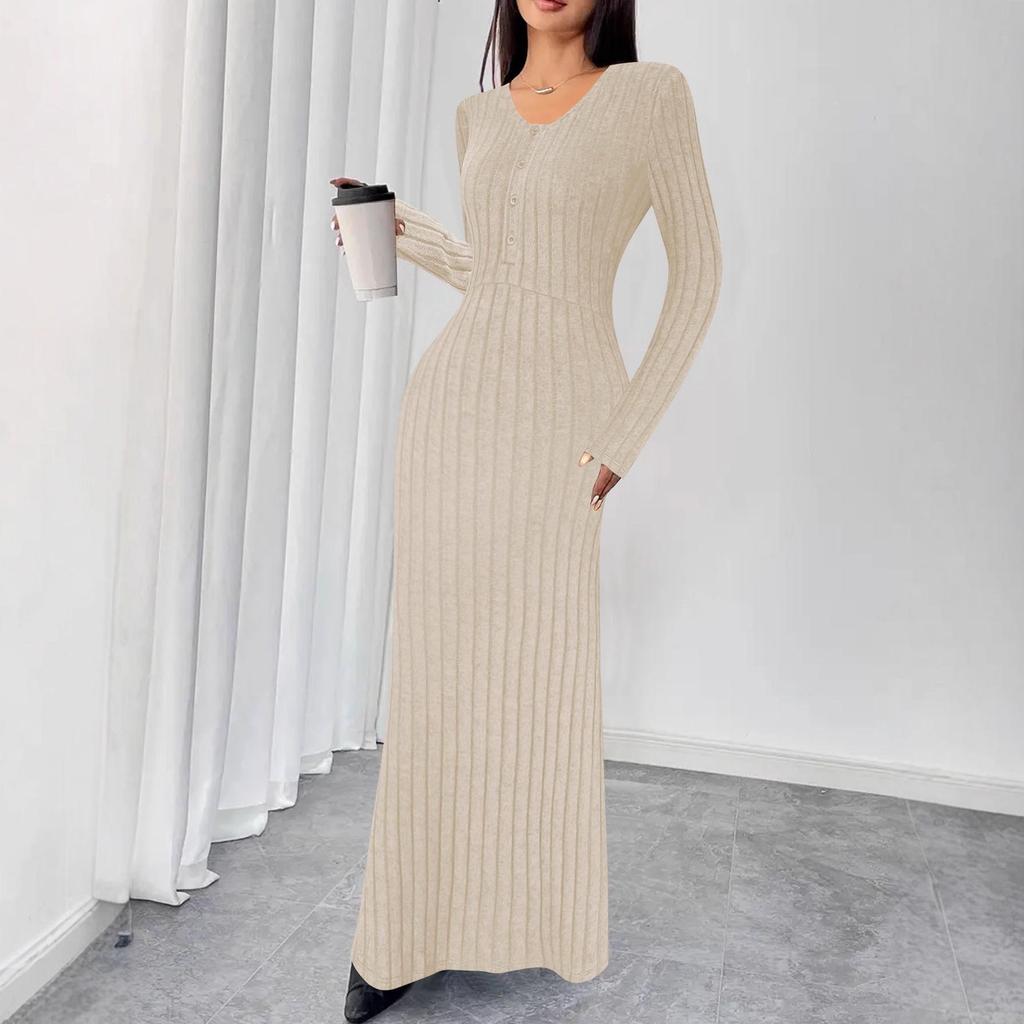 Independent Style European & American Solid Color Ribbed V-Neck Single-Breasted Long Dress for Women - Autumn/Winter Collection