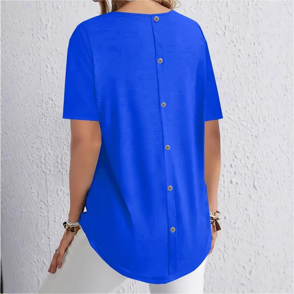 Spring Summer Solid Color T-shirt, Elegant Back Button Design, Casual Top for Women, European American Fashion Casual Wear