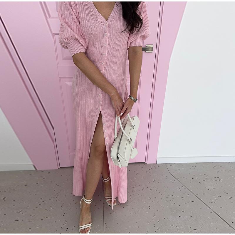 Damen Strickkleider mit Puffärmeln, einreihig geknöpft, lang, frisch, einfarbig, schlankmachend, Sommerneu, eleganter Damenstrickstil