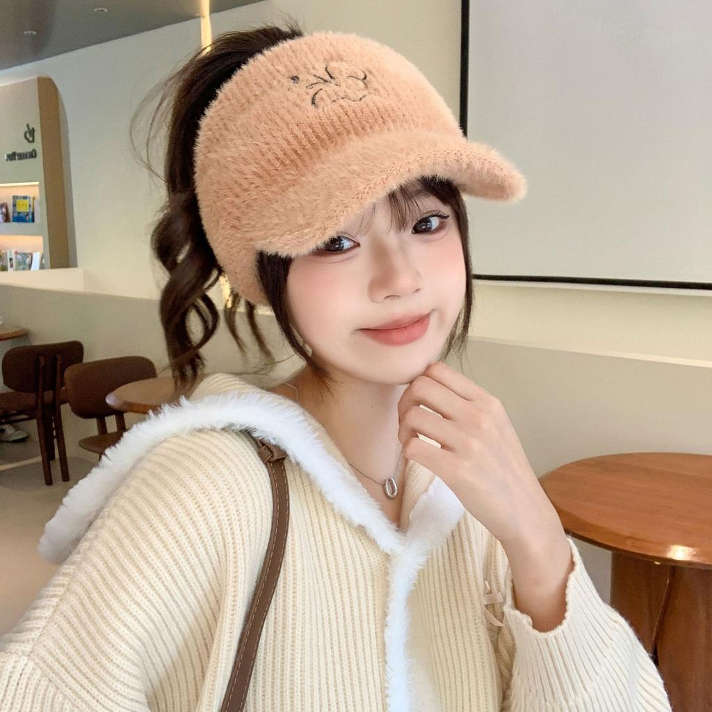 Women's Autumn and Winter Korean Version of Versatile Knitted Rabbit Warm Ear Protection Duck Tongue Baseball Cap Wool Cap Plus Velvet Thickened