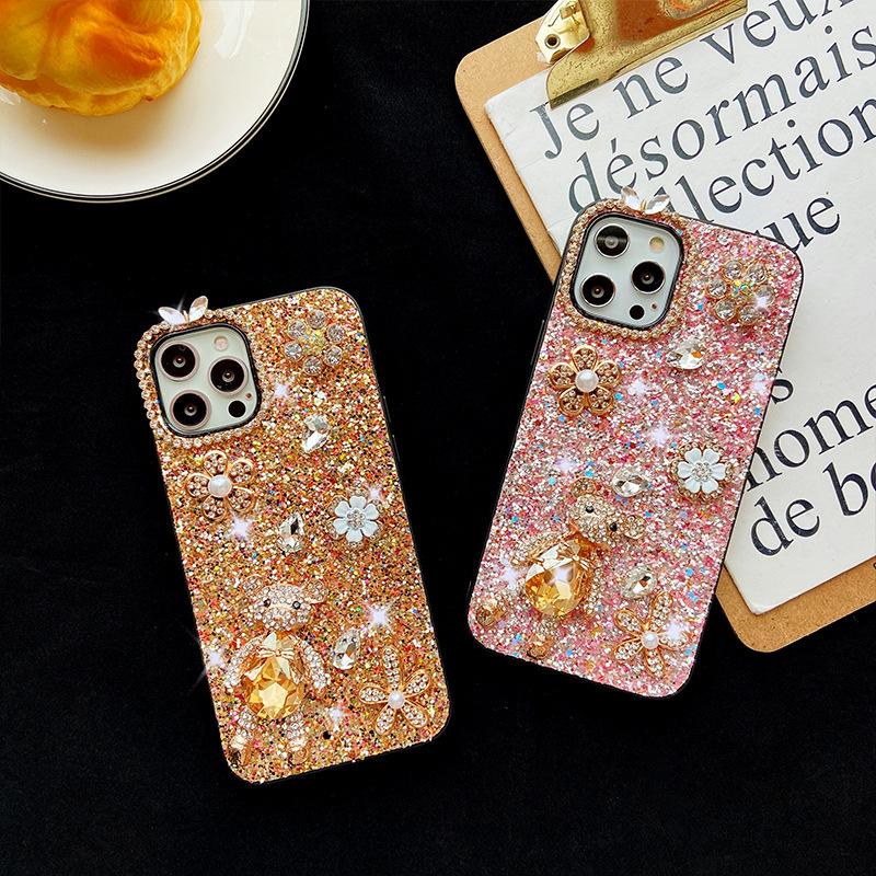 Apple 16Promax Mobile Phone Case Is Suitable For Apple 17 Glitter 14Plus Bear 13Pro Rhinestone Woman