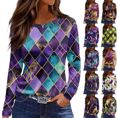 Damenmode Lässig Schlitzsaum Rundhals Langarm Locker Bedrucktes T-Shirt Top