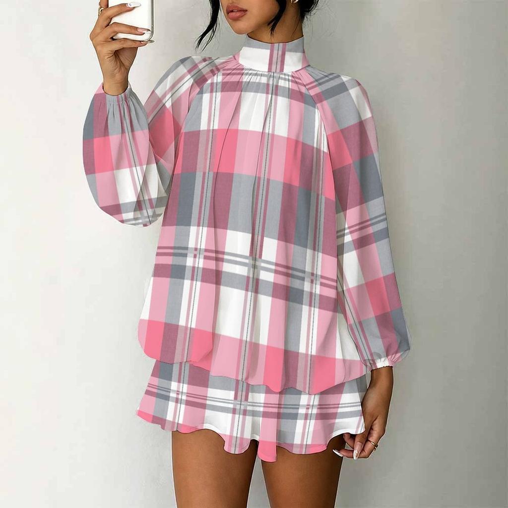 Women's 3D Pink Grey Plaid Print Mock Neck Long Sleeve Dress, Raglan Sleeve Fake Two Piece Mini Dress