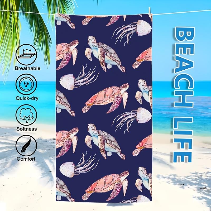 Strandtuch mit Schildkröten- und Quallen-Print, Ozeanleben-Kunst, Schnelltrocknendes, Sandfreies Mikrofaser-Badetuch für Yoga, Schwimmen und Fitness