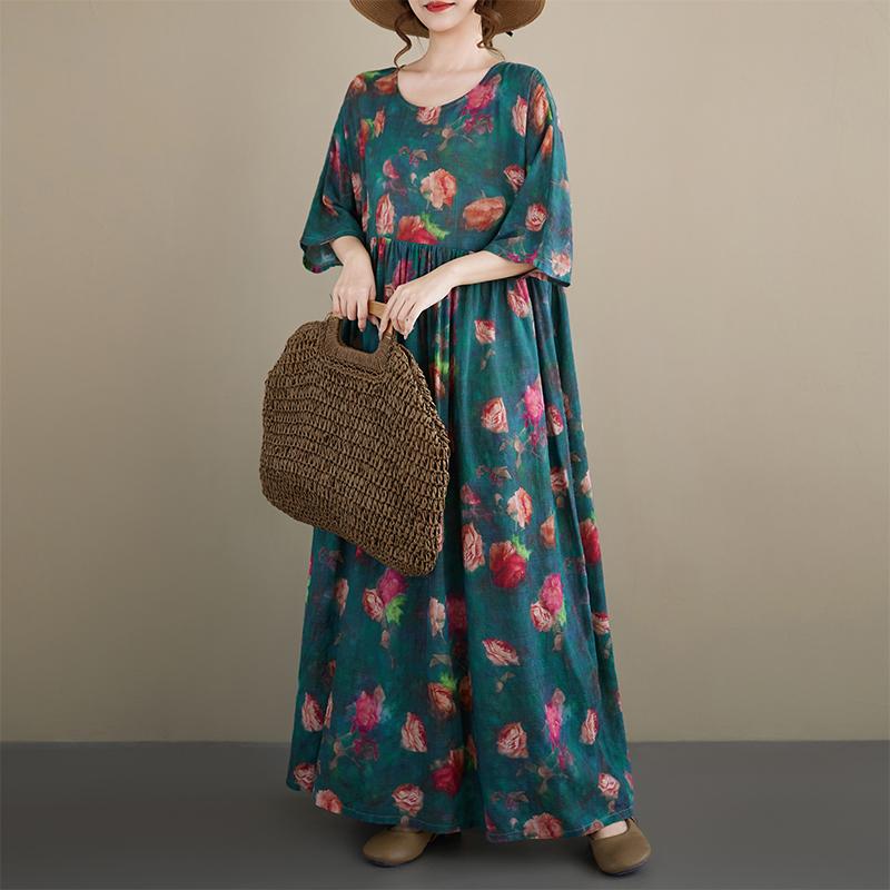 DIMANAF New 2026 Summer Beach Women Plus Size Vintage Lady Long Dress Loose Oversize Maxi Printing Cotton