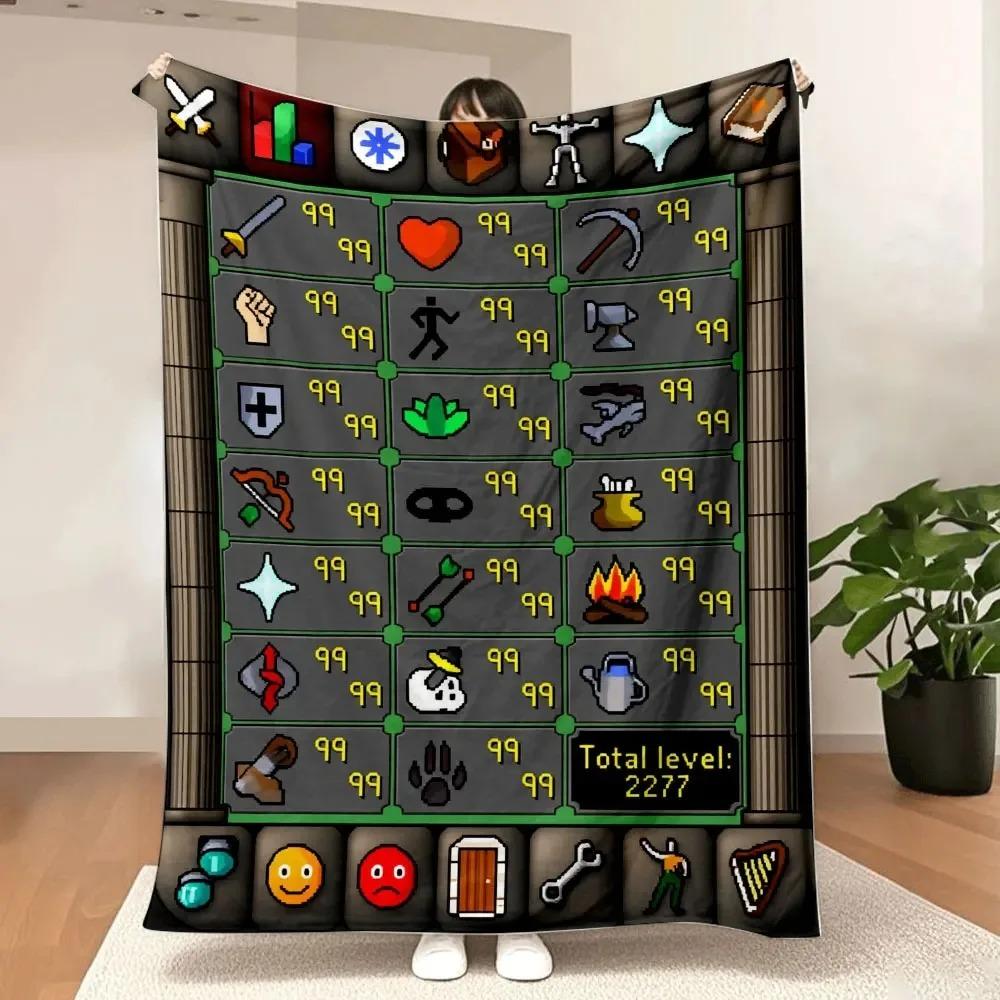 

Retro Pixelated Game-Inspired Blanket - Nostalgic RuneScape Skill Menu Design, Dark Stone Grid Background, 99 Max Level Detail, 75x90cm