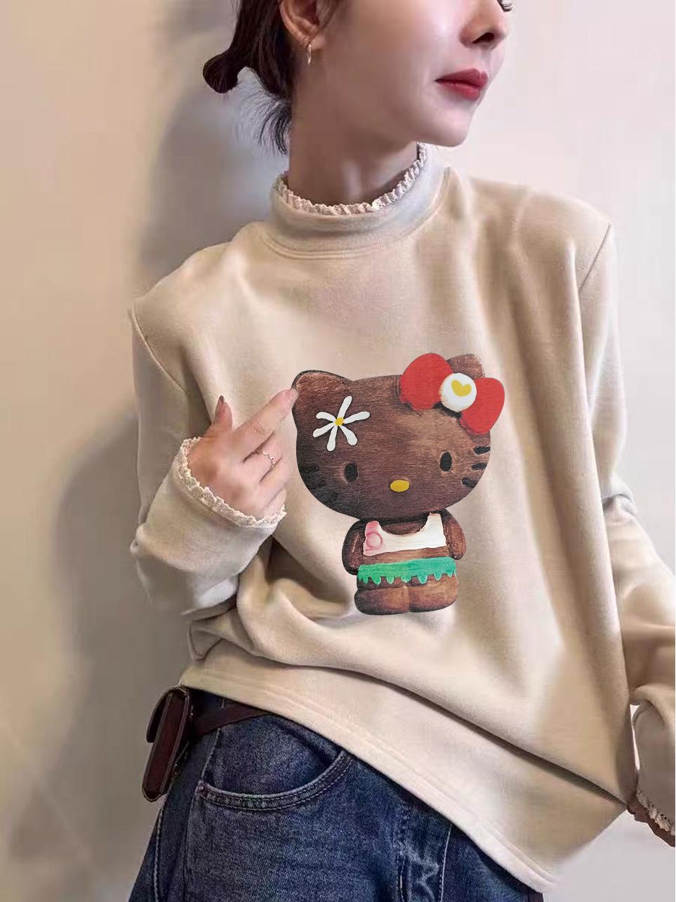 

2025 Autumn/Winter Women s Fleece-Lined Cat Print Lace Collar Long Sleeve T-Shirt XXL миндальный/слоновая кость