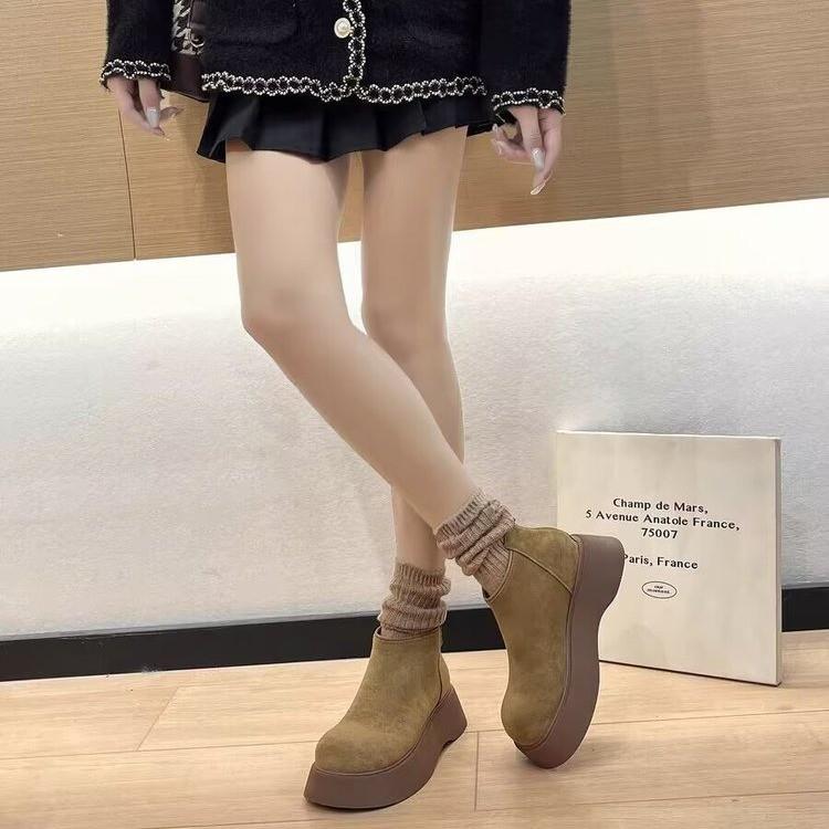 Women's Thick Soled Cotton Shoes Winter New Round Head Suede Back Zipper Anti-slip Wear-resistant Short Boots Platform heels