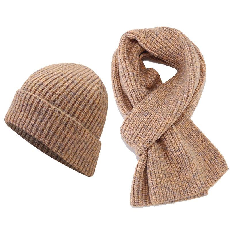 New two-color striped thickened hat, scarf set, autumn and winter outdoor cold-proof knitted hat two-piece set