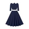 Damen Dreiviertelarm Einfarbig Retro Anzugkragen Midilanges Kleid Mit Großem Schwingrock