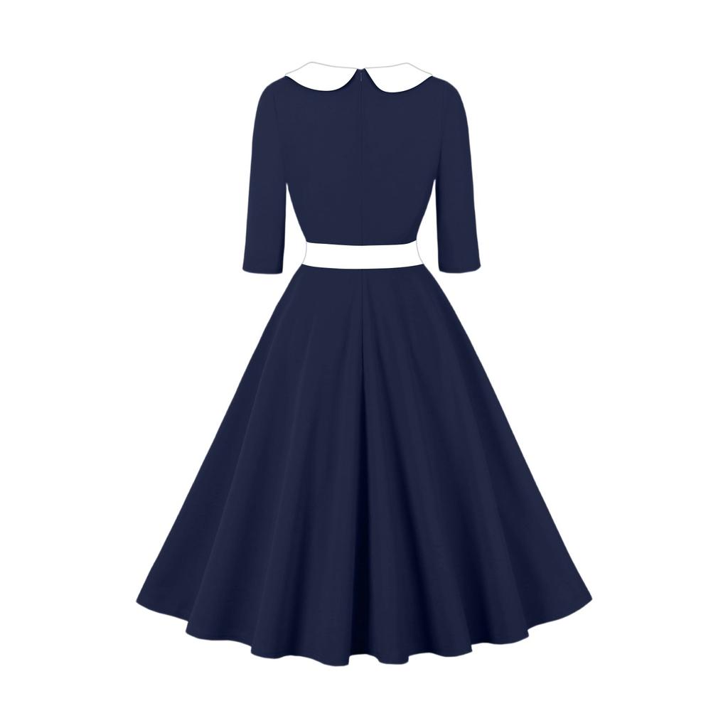 Damen Dreiviertelarm Einfarbig Retro Anzugkragen Midilanges Kleid Mit Großem Schwingrock