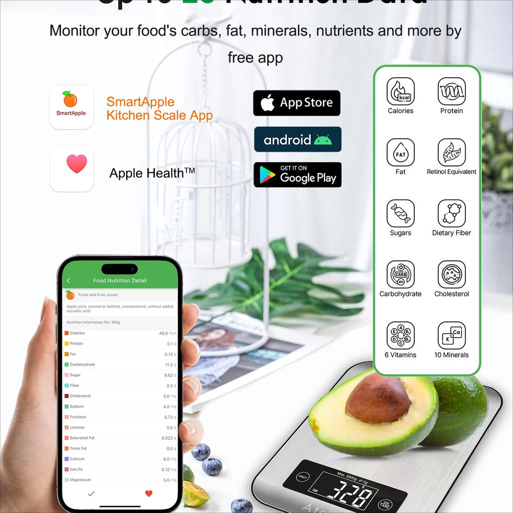 Ataller Smart Kitchen Food Scale Electronic Bluetooth APP Digital Weight Balance With Nutrition Analysis 5kg Stainless Steel