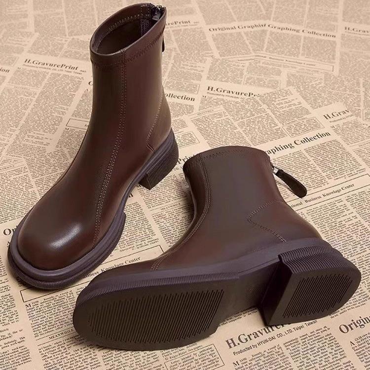

Зимние женские ботильоны на низком каблуке с круглым носком, квадратные модные ботинки из искусственной кожи, однотонные, с застежкой-молнией сзади, повседневные простые женские туфли 40 коричневый