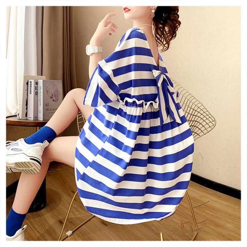 Fashion O Neck Loose Striped Ruffles Bow Backless T Shirt Clothing Summer Oversized Korean Casual Tee Shirt
