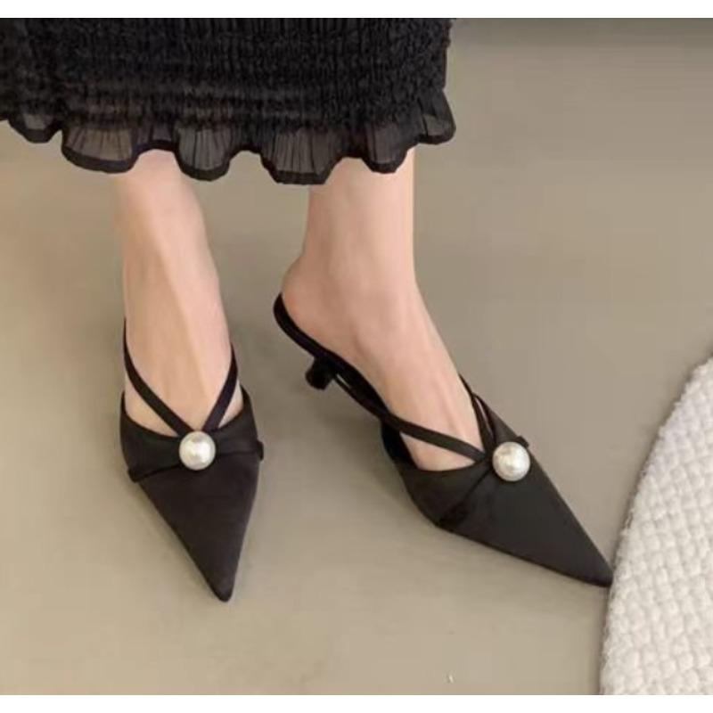 New Style Elegant High Heels Slippers Pearl Pointed Toe Women Mules Shoes Sexy Sandals Summer Pumps Dress Flip Flops Sandals
