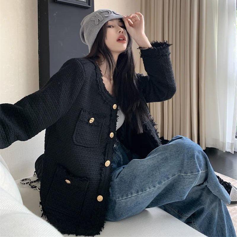 Button Up Jackets for Women Autumn Winter  Vintage New Pockets O Neck Tweed Jacket Casual Long Sleeve Chic Coats