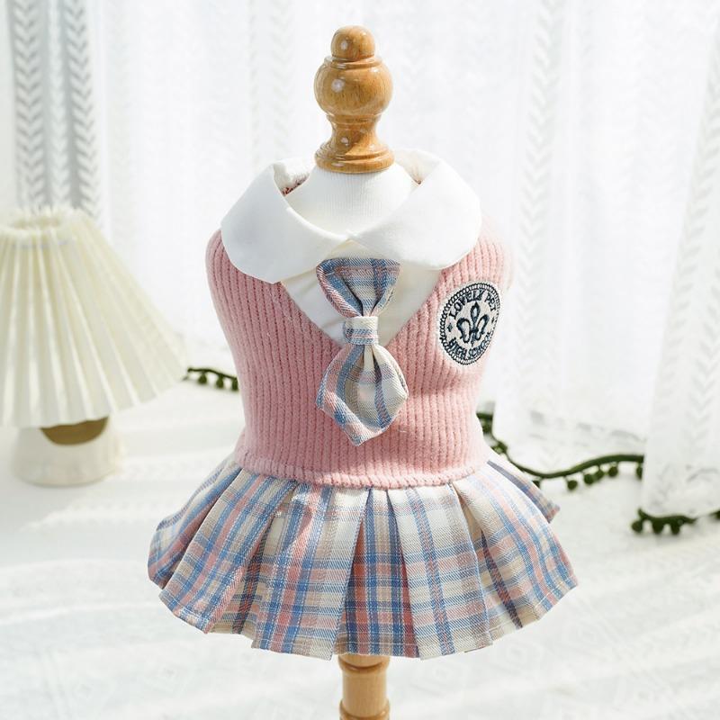 Pet Autumn and Winter Dog Woolen Checkered Cat Dress Small and Medium-sized Dog Teddy Dog and Cat Clothes