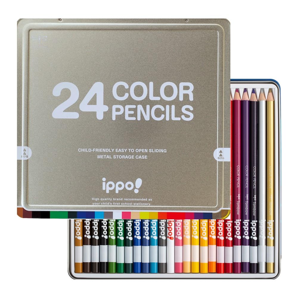 Tombow Colored 24 pro základní školu Přírodní a Tužky, Barvy, Žáci, ippo! (Posuvná plechovka), Stříbrná, CL-RNAN0424C