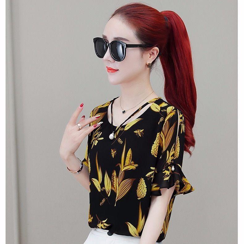 Floral Printing Chiffon Shirt Women's Short Sleeves Blouse Summer New Korean Loose Fashion Bottoming Top M-4XL