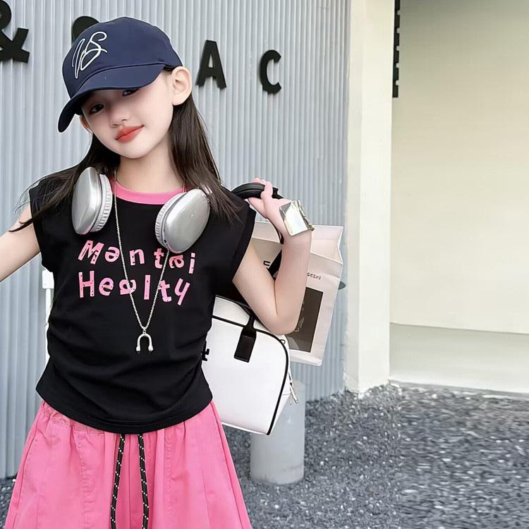 Girls' Korean Style Sleeveless T-shirt & Wide-Leg Pants Set - Casual Summer Street Dance Outfit
