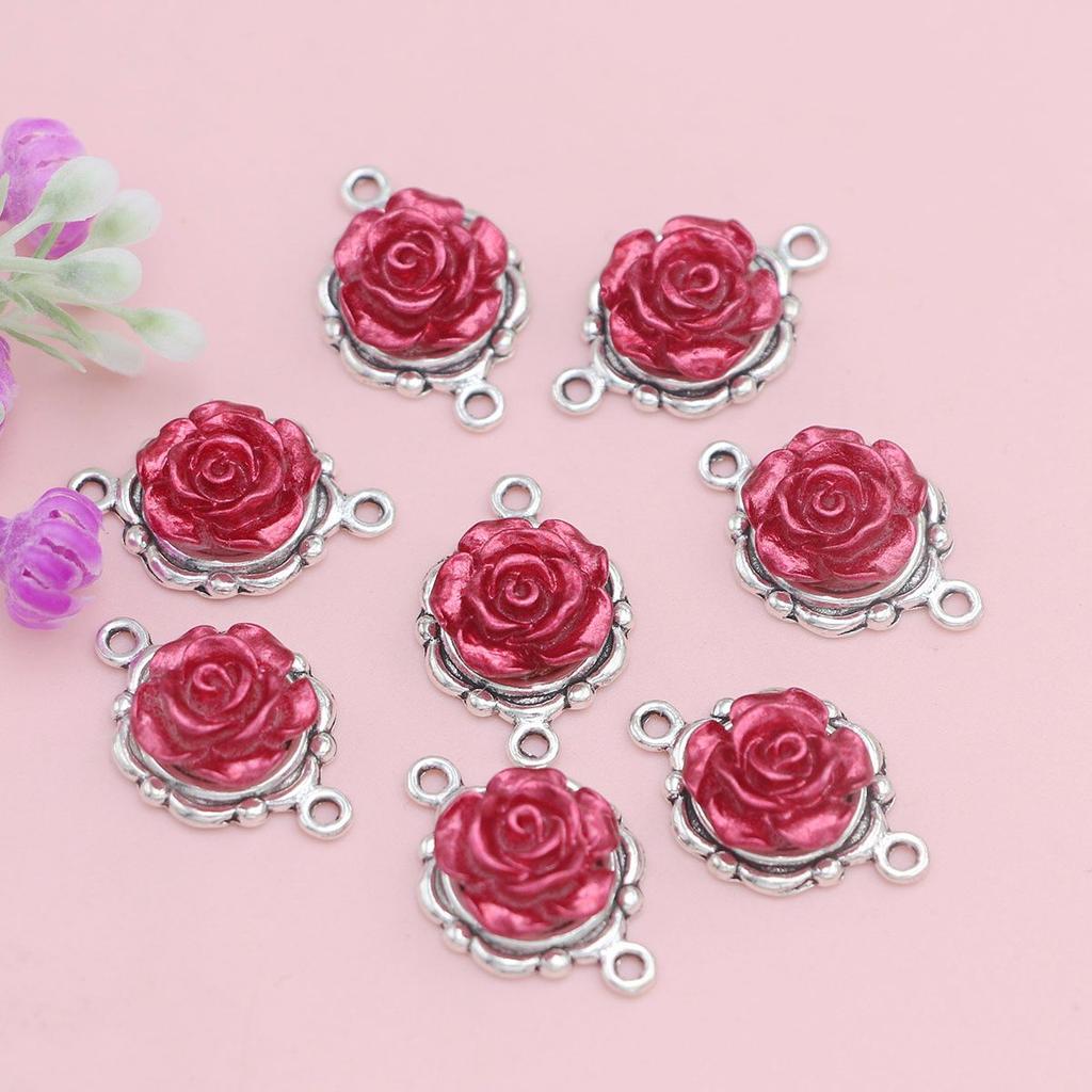 8Pcs Silver Color Red Rose Flower Charm Connectors For Jewelry Making Bracelet Accessories Diy Craft
