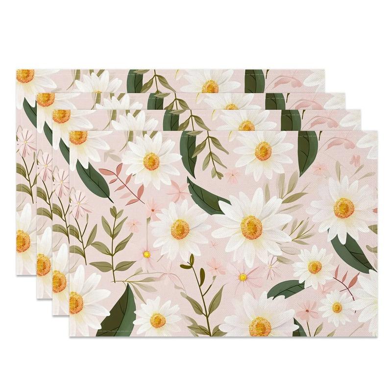 4/6/8ks Bohémské květinové prostírání Jemný design sedmikrásky a růže Elegantní protiskluzové lněné podložky na stůl pro stolování, kuchyň, párty dekorace