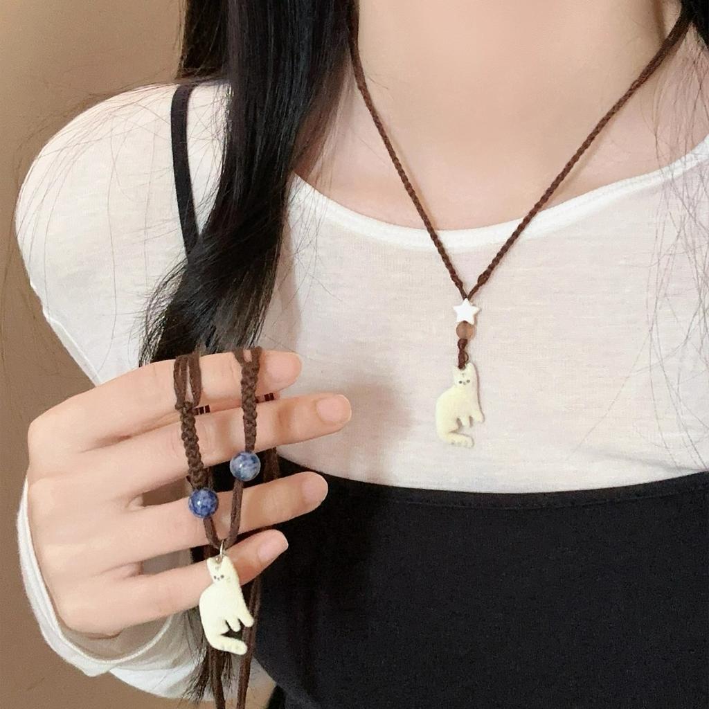 Korean Style Retro Cat Pendant Necklace Charms Minority Design Beaded Necklaces Jewelry Ornament Clavicle Chain Choker