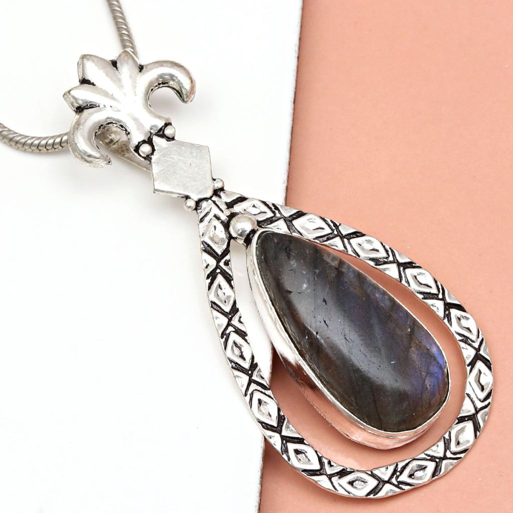 Pendant Silver  Peridot Labradorite Gemstone Jewelry Sterling 2.5" Fiery