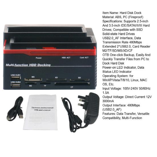 USB2.0 to IDE/SATA Dual-disk Multi-function Hard Disk Dock 2xUSB2.0 Card Reader for WinXP/Vista/7/8/10 Linux MAC OS