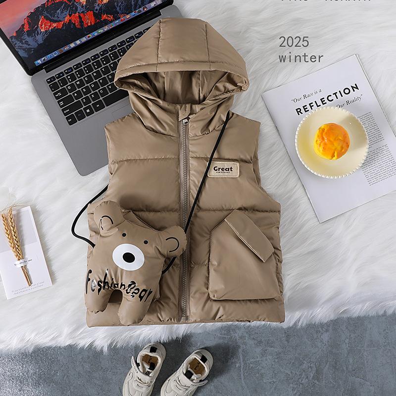 Backpack-ear Children's Down Cotton Vest, Autumn and Winter Thick Outerwear Hooded Vest for Boys and Girls