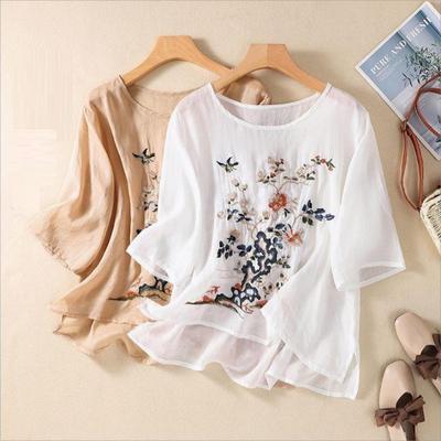 Women's Top Short Sleeve Round Neck Blouses Cotton Linen Blouse Summer Retro Casual Embroidery Shirt