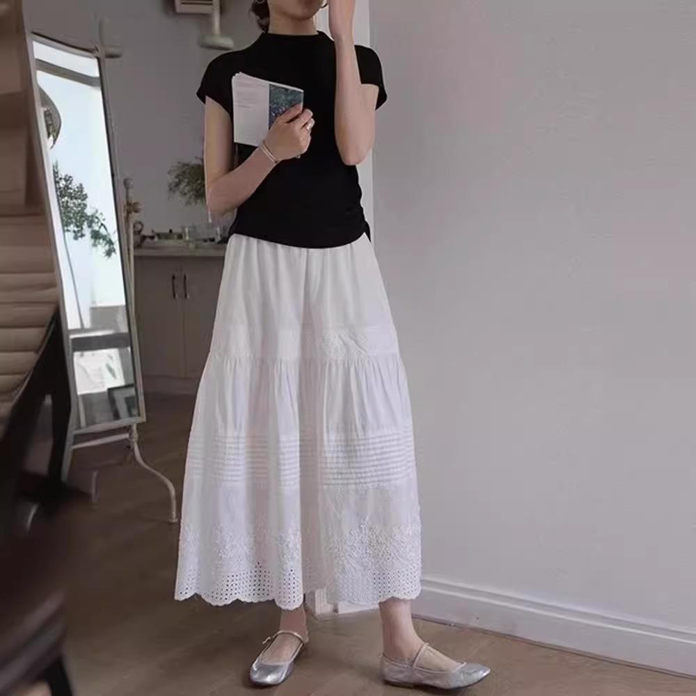 French White Lace High-waist Skirt WoMan's Summer Thin Drape Mid-length A-line Umbrella Skirt