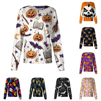 Women's Long Sleeve Button Front Cardigan Halloween Print Caregiver Uniform Top Casual Lightweight Pullover Shirt