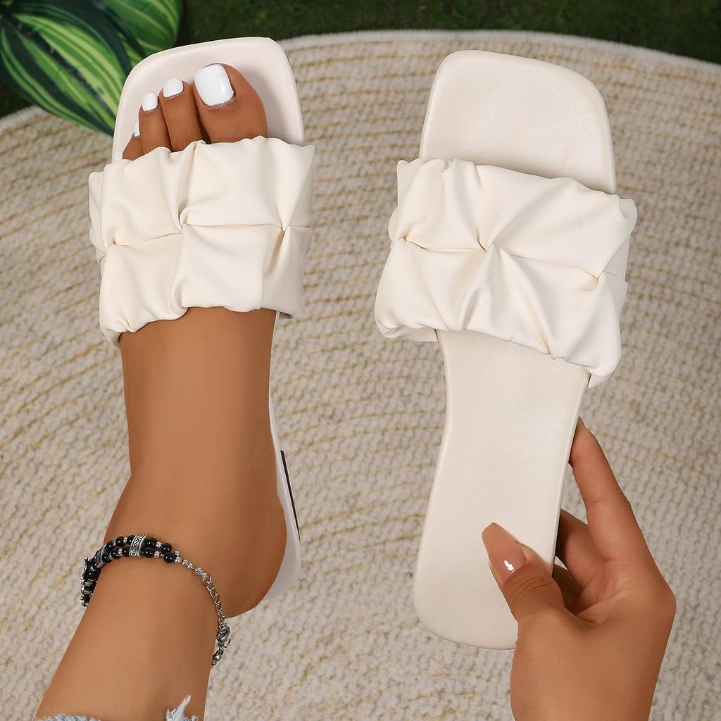 Fashion Summer Slippers for Women Flip Flops Flats New Pleated Slippers Women Sandals Elegant Comfortable Slip on Shoes Big Size 36-43