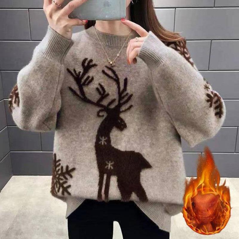 

Рождественский олень с подкладкой на новый год свободный вязаный женский свитер осень и зима теплый утолщенный снаружи новый пуловер нижняя рубашка M
