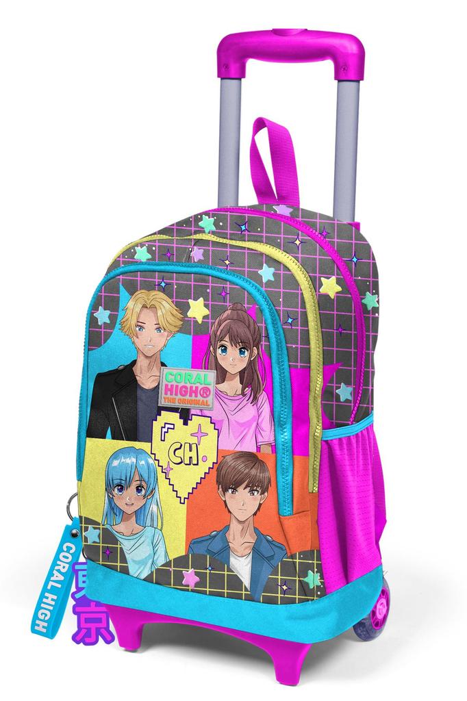 Coral High Gri Blau Rosa Anime-Muster Drei Fächer Trolley Schulrucksack 23937