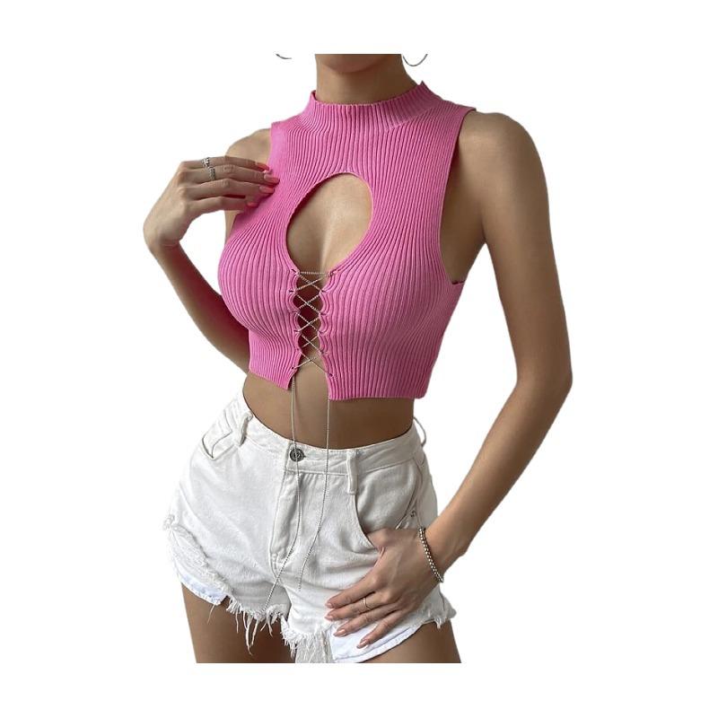 Women Crochet Knit Tank Top Y2K Hollow Out Button Down Sweater Vest Sleeveless V Neck Knitted Crop Top Streetwear