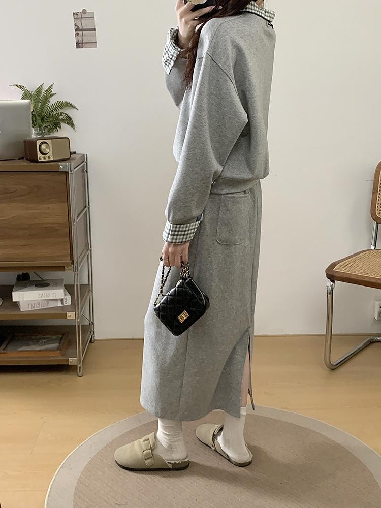 Spring 2026 Plus Size Women's Korean Casual Patchwork Hoodie & Skirt Set