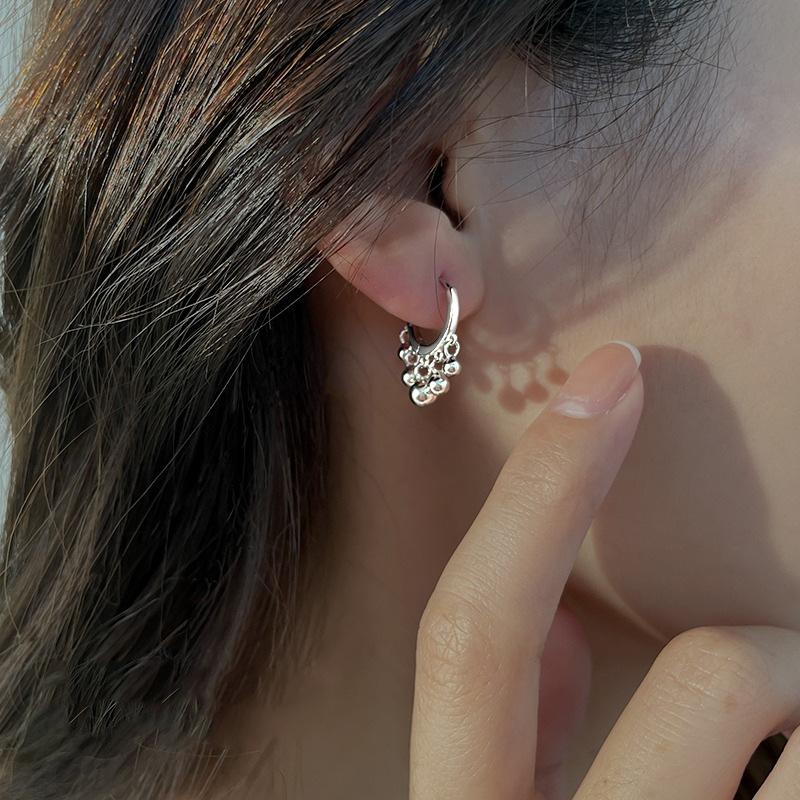 Real 925 Silver Bead Tassel Hoop Earrings For Women Classic Fine Jewelry Light Luxury Geometric Accessories