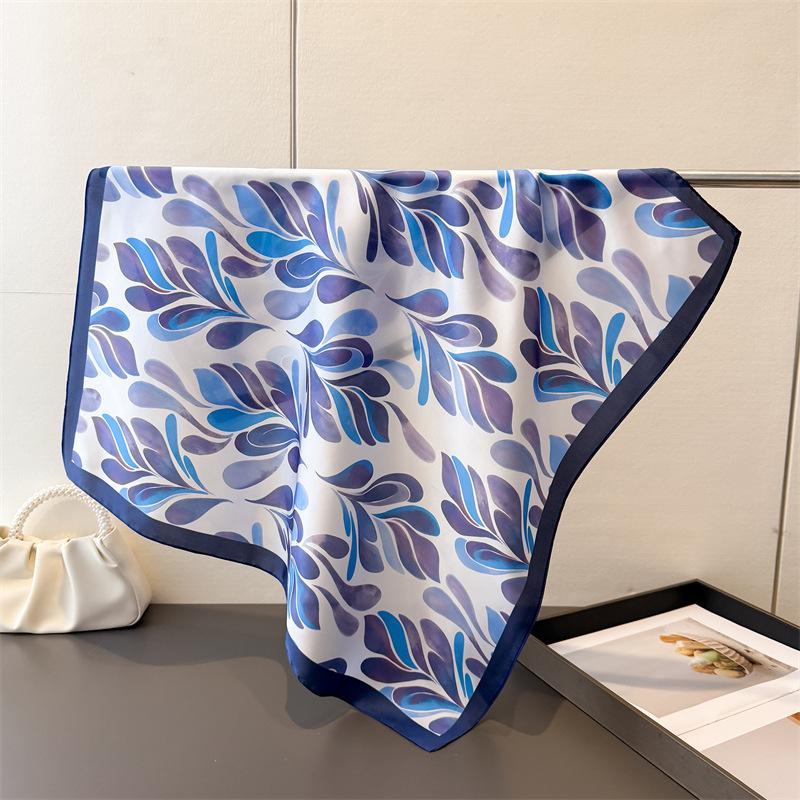Soft Leaf Print Elegant High-end Silk Scarf Imitation Square Shawl Versatile Neck Small Women