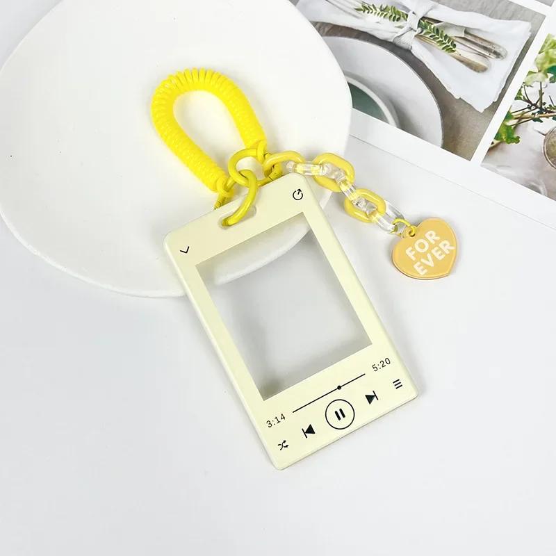 Music Player ID Card Holder with Spring Rope Heart Charm for Women Girls Kid Colorful Bus Subway Credit Card Protector Shell