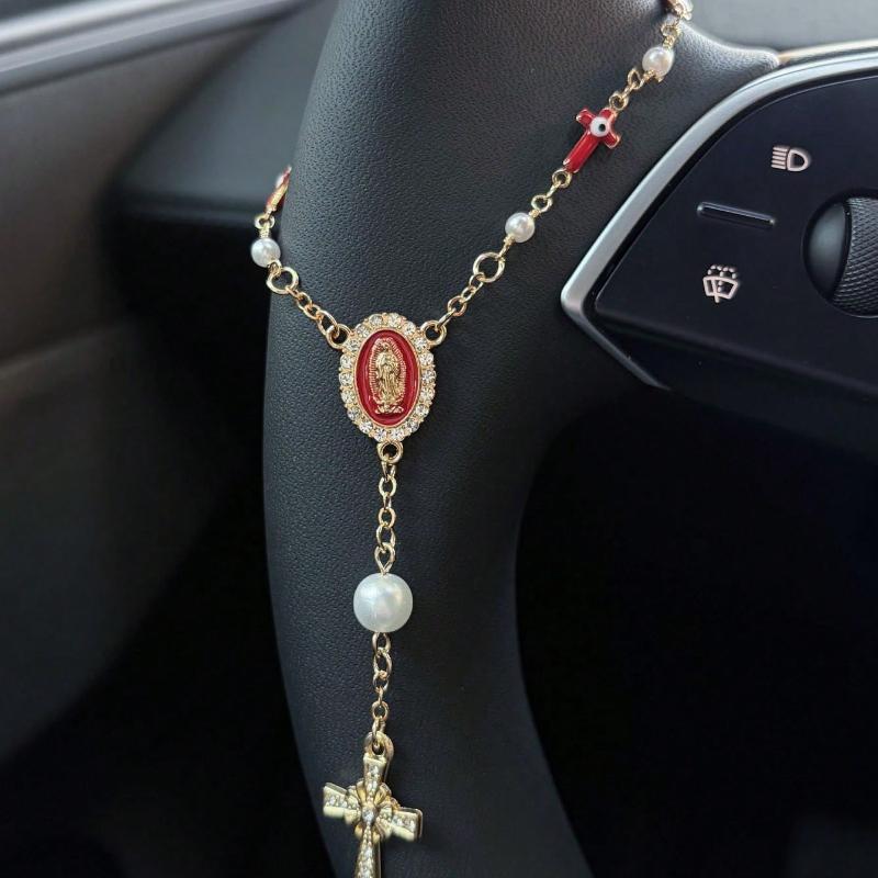 1pc Pink Pearl Cross Steering Wheel Rosary Ornament, Rosary Car Pendant Accessory, Unique Fashion Car Decor Accessory