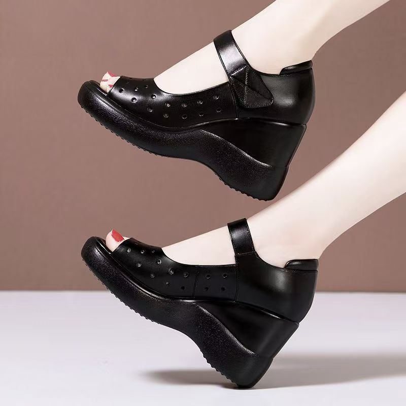 Women Summer New Leather Wedges Peep Toe Sandals Thick Sole Hollow Out Lightweight Breathable Velcro High Heel Cave Sandals