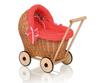 Rieten poppenwagen met rode bekleding en zachte voering - naturel