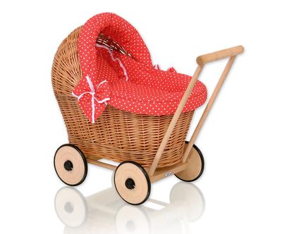 Cochecito de mimbre para muñecas con ropa de cama roja y forro suave - natural
