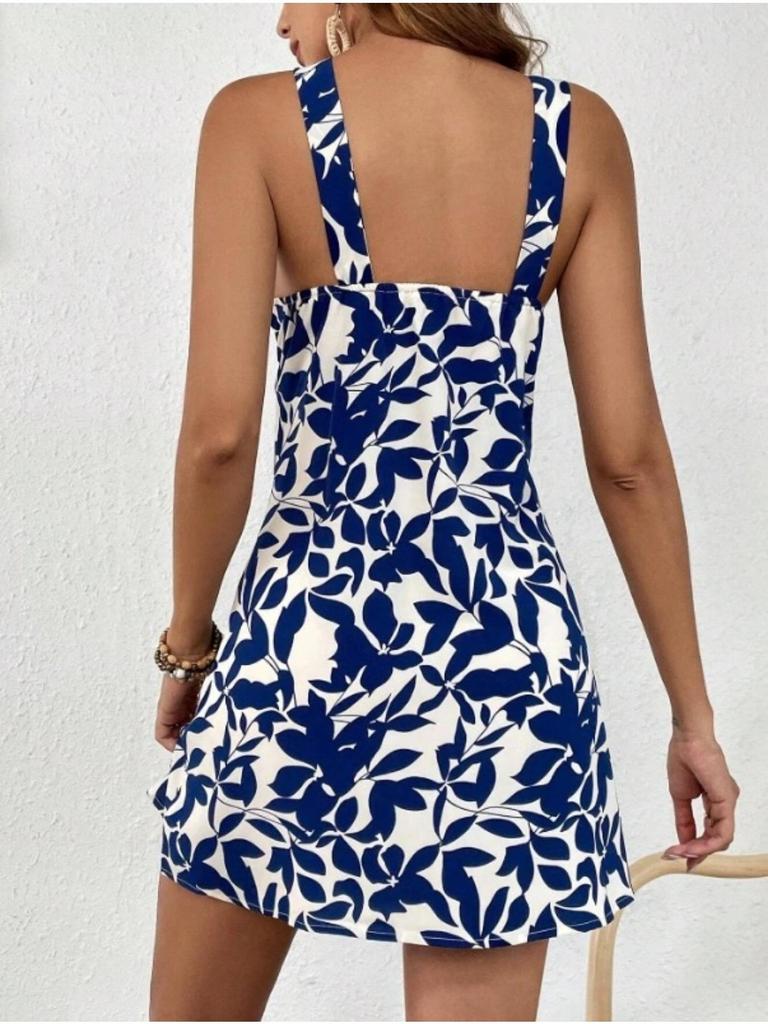 Halter Neck Flower Print Dress Lace Up Ruffle Edge Backless Dress Sleeveless Chiffon Dresses Causal Women Dress