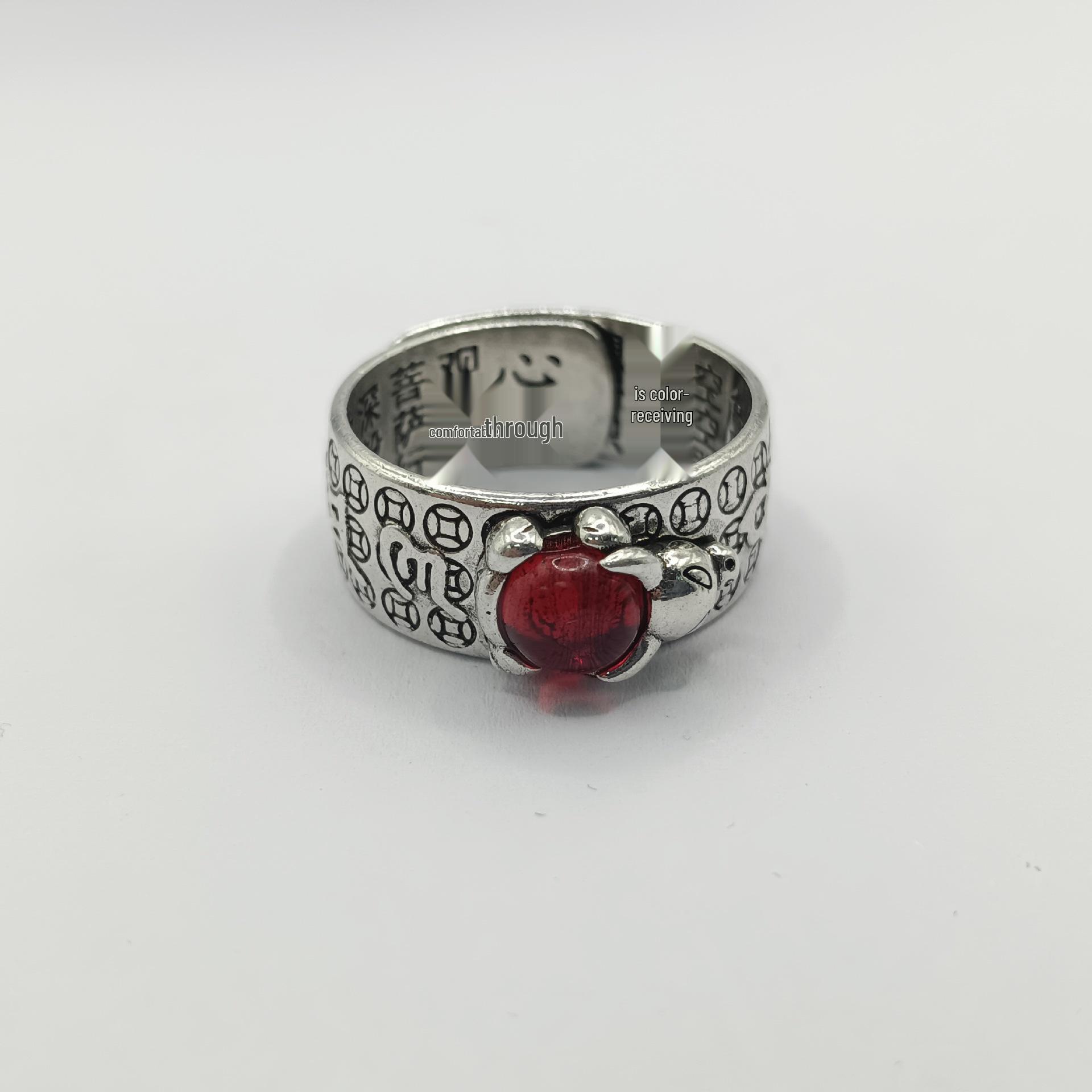 Yintai Feifei Ethnic Thai Silver Year of the Ox Garnet Ring, Heart Sutra Design, Adjustable Unisex. Adjustable