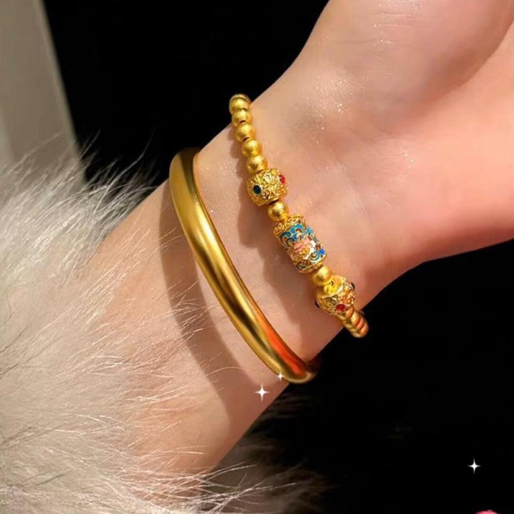 Gold-Plated Lotus Heart Sutra Women's Bracelet - Niche Luxury, Wide Solid Design, Ancient Style